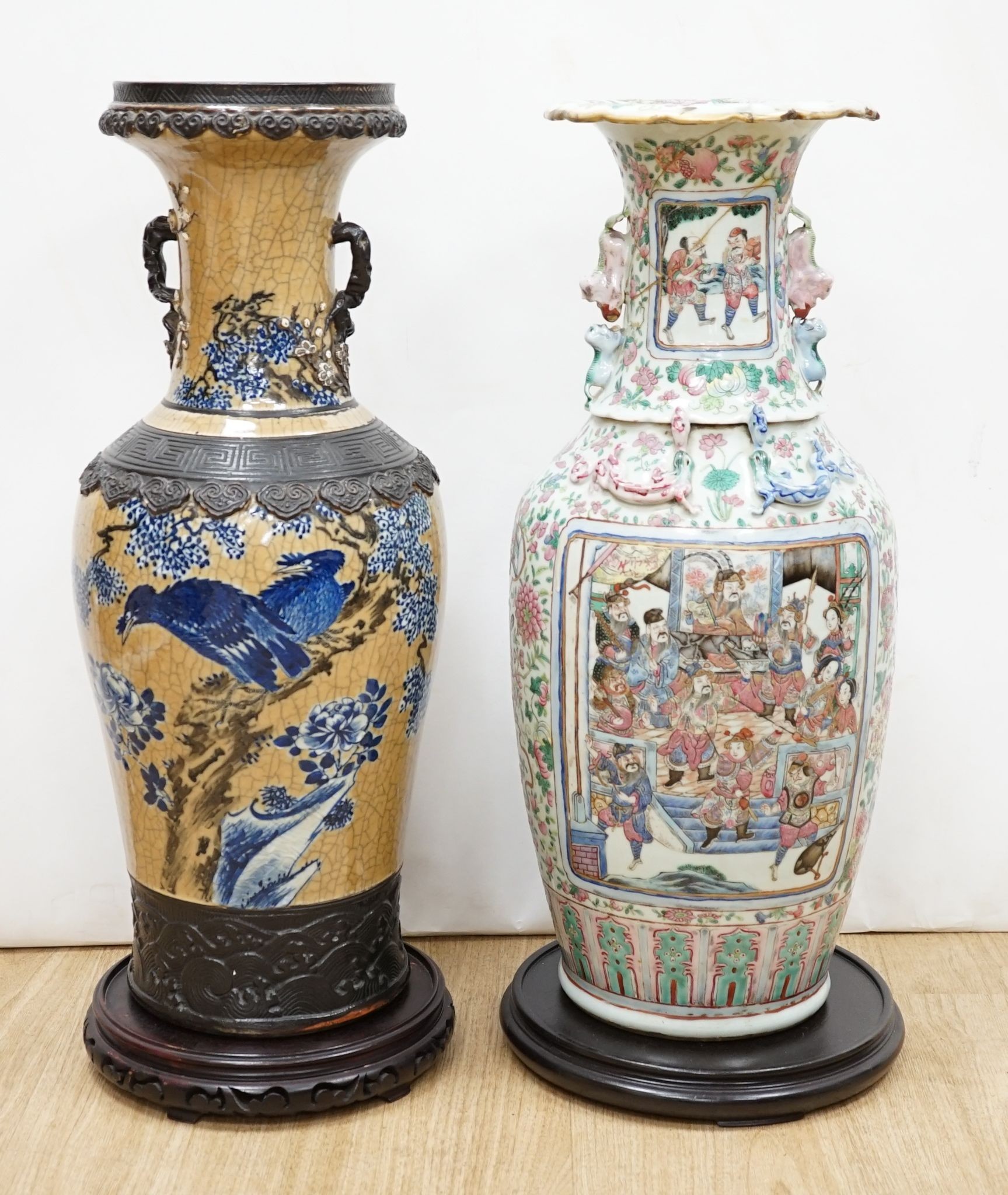 A large Chinese crackle glaze vase, late 19th/early 20th century and a large Chinese famille rose vase, late 19th century, tallest 60 cm.